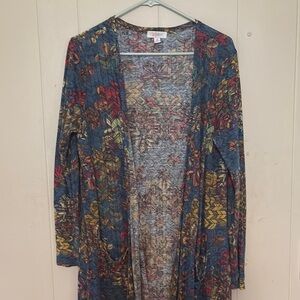 LuLaRoe Blue and Red Leaf Pattern Cardigan